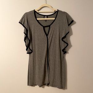 Gray & black outlined dressy flutter sleeve keyhole top NWOT